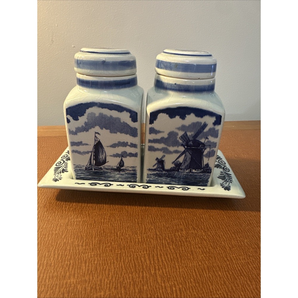 Vintage Delft Blue Hand Painted Spice Jar bottles Canister Tray Dutch Small Chip